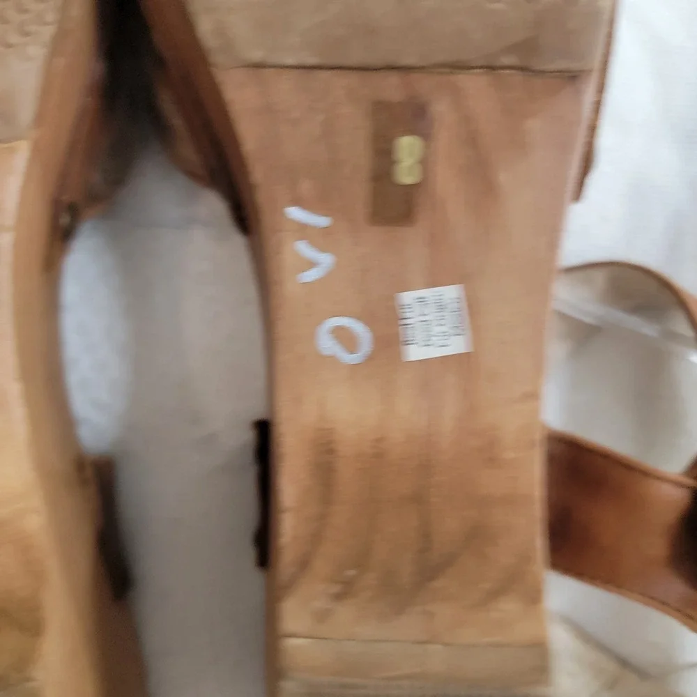Five Worlds Womens 8 Brown Calf Hair Spotted Wood Wedge Platform‎ Clog Sandals